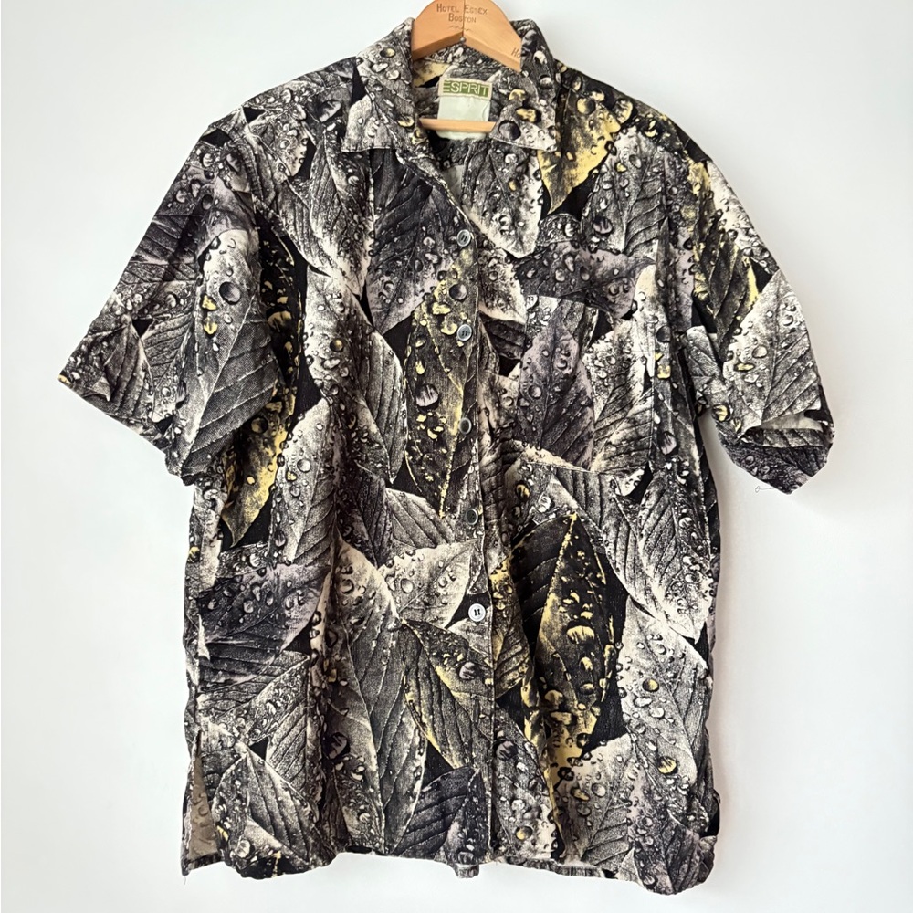 Esprit Corduroy Black, Gray and Yellow Leaf Print Shirt Raindrops  Vintage Shirt